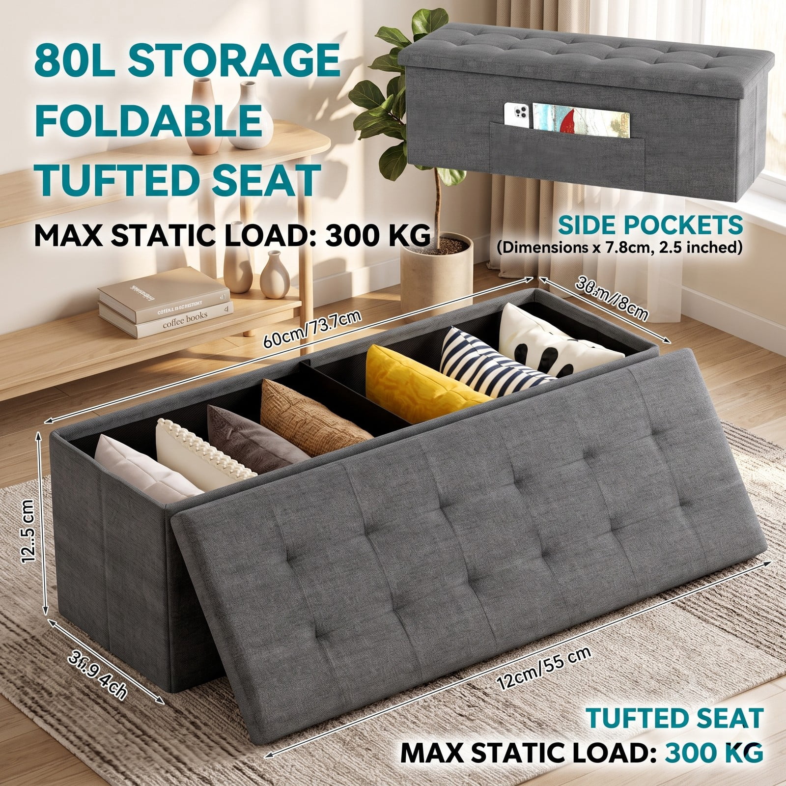 Furnibear 43 Inch Folding Linen Storage Ottoman Bench with Padded Seat and Divider for Living Room, Bedroom and Entryway, Dark Gray