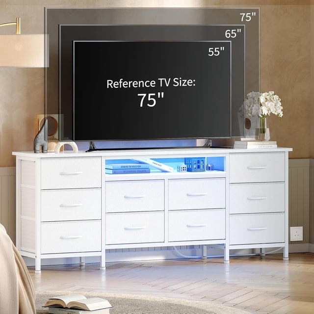 63" TV Stand with 10 Fabric Storage Drawers, White Entertainment Center with Power Outlet & LED Lighting for 65"-75" TVs
