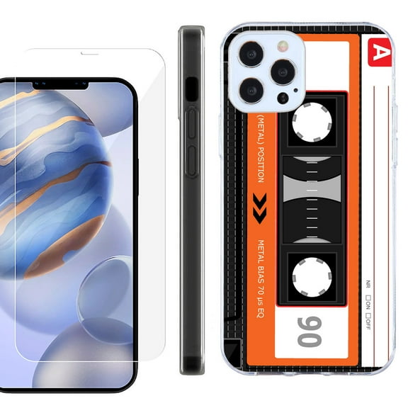 Slim Fit Protective Phone Case for Apple iPhone 12 / iPhone 12 Pro, with Tempered Glass Screen Protector, by OneToughShield ® - Cassette Orange