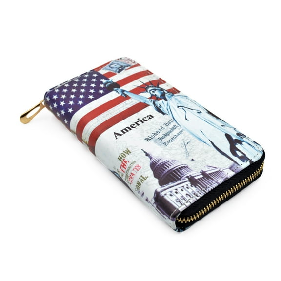 Premium USA US American Flag City Landmark Print PU Leather Zip Around Wallet