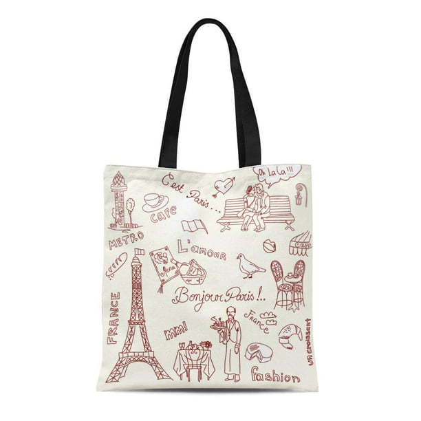 POGLIP Canvas Tote Bag Red France Paris Doodles French Cuisine Sketch Words Restaurant Durable Reusable Shopping Shoulder Grocery Bag