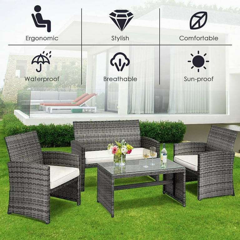 Costway 4 pc rattan patio furniture set garden lawn sofa cushioned seat mix gray wicker hotsell