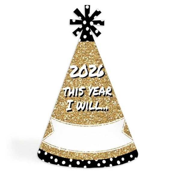 Big Dot of Happiness Pop, Fizz, Clink! Cone Party Hats - 2026 New Year's Eve Resolution Cone Party Hat for Kids and Adults - Set of 8 (Standard Size)