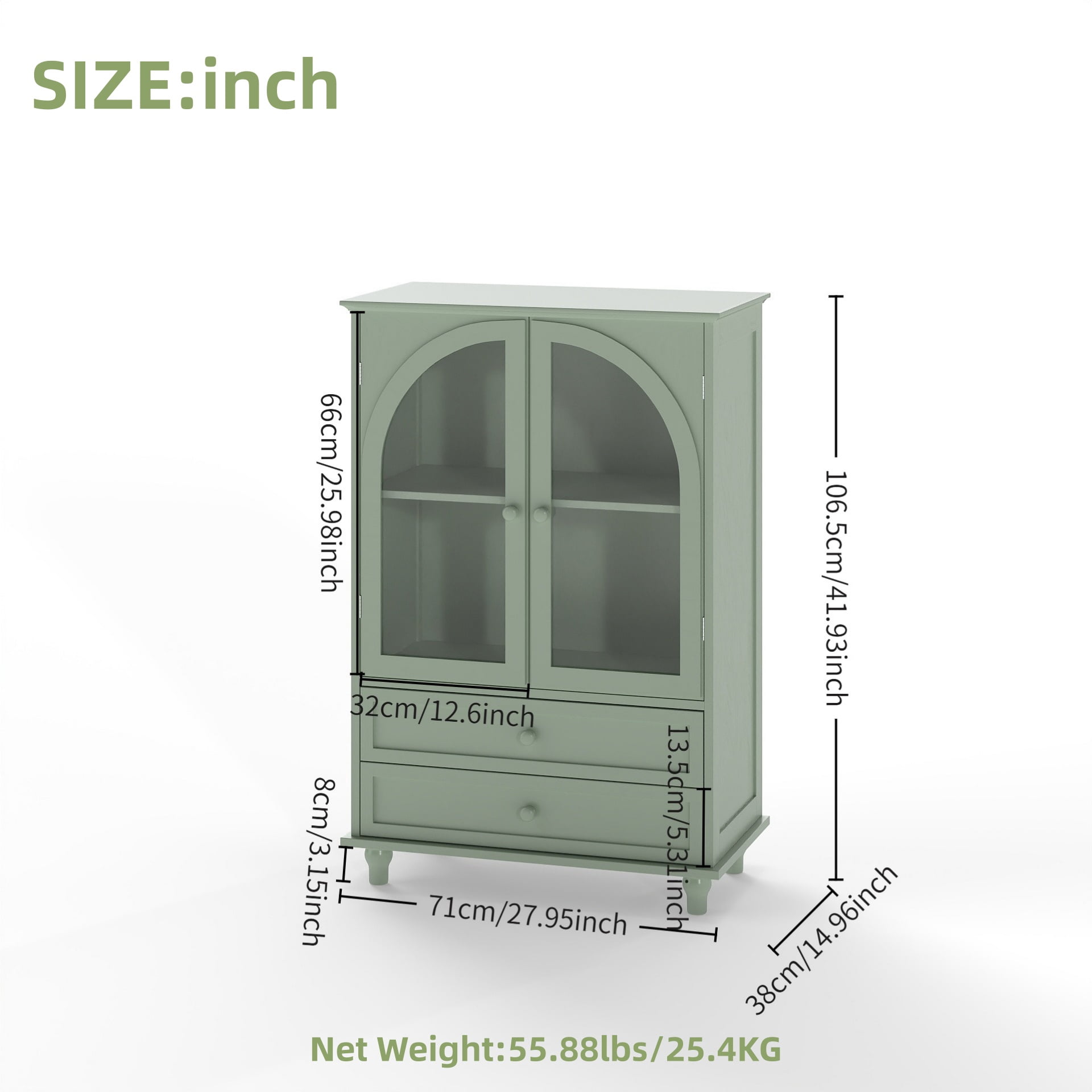 Aukfa Buffet Pantry Cabinet,Arched Glass Door Wood Sideboard Storage Cabinet for Dining Room Hallway Entryway,Green