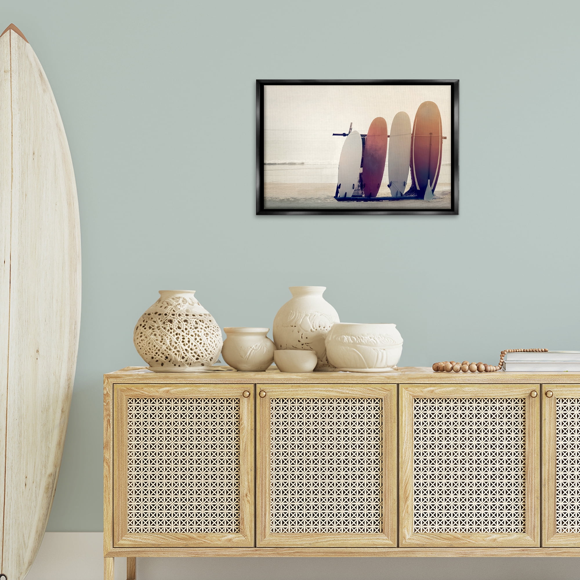 Stupell Industries Beach Surfboards Leaning Landscape Photography Black Floater Framed Canvas Art Print Wall Art, 25 x 17