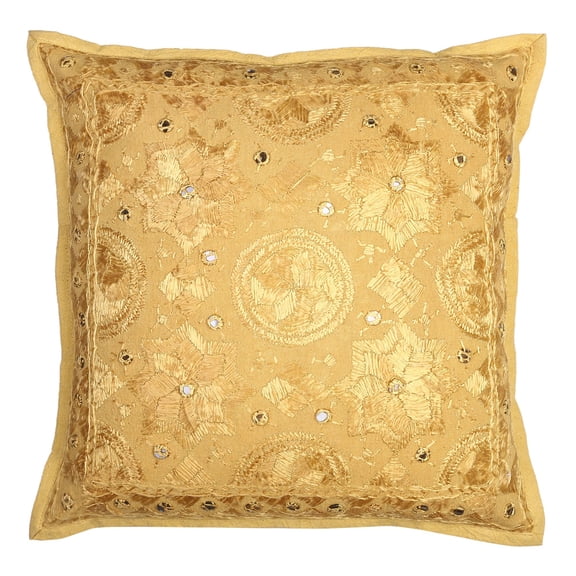 Stylo Culture Ethnic Sofa Throw Pillow Cover 16x16 Embroidered Ochre Yellow Hand Stitched 40cm x 40cm Living Room Cotton Mirrored Square Cushion Cover | 1 Pc