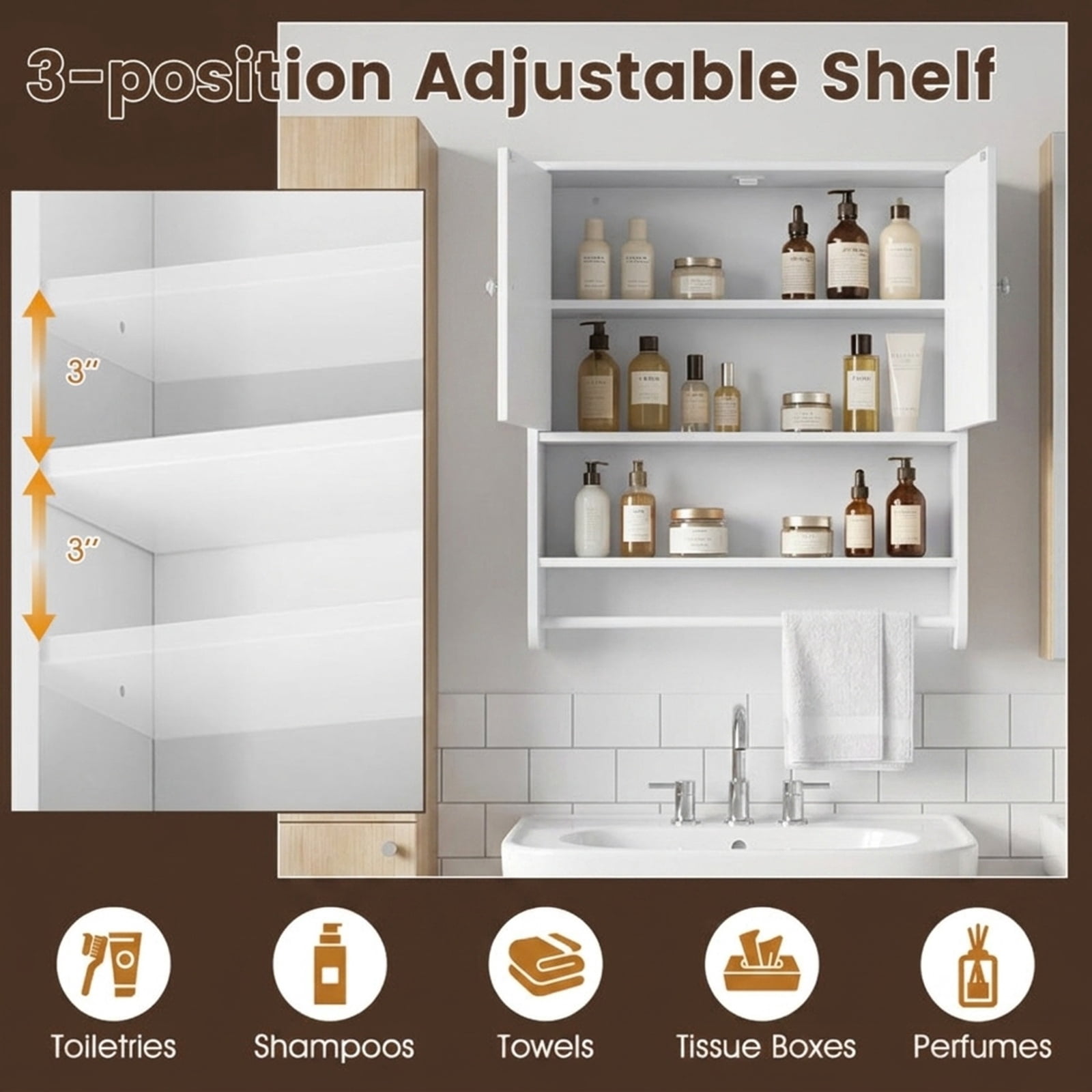 Vebreda Bathroom Towel Rack, Bathroom Wall Cabinet with Towel Bar and Open Shelf, Ample Storage Space, Flexible Storage Options