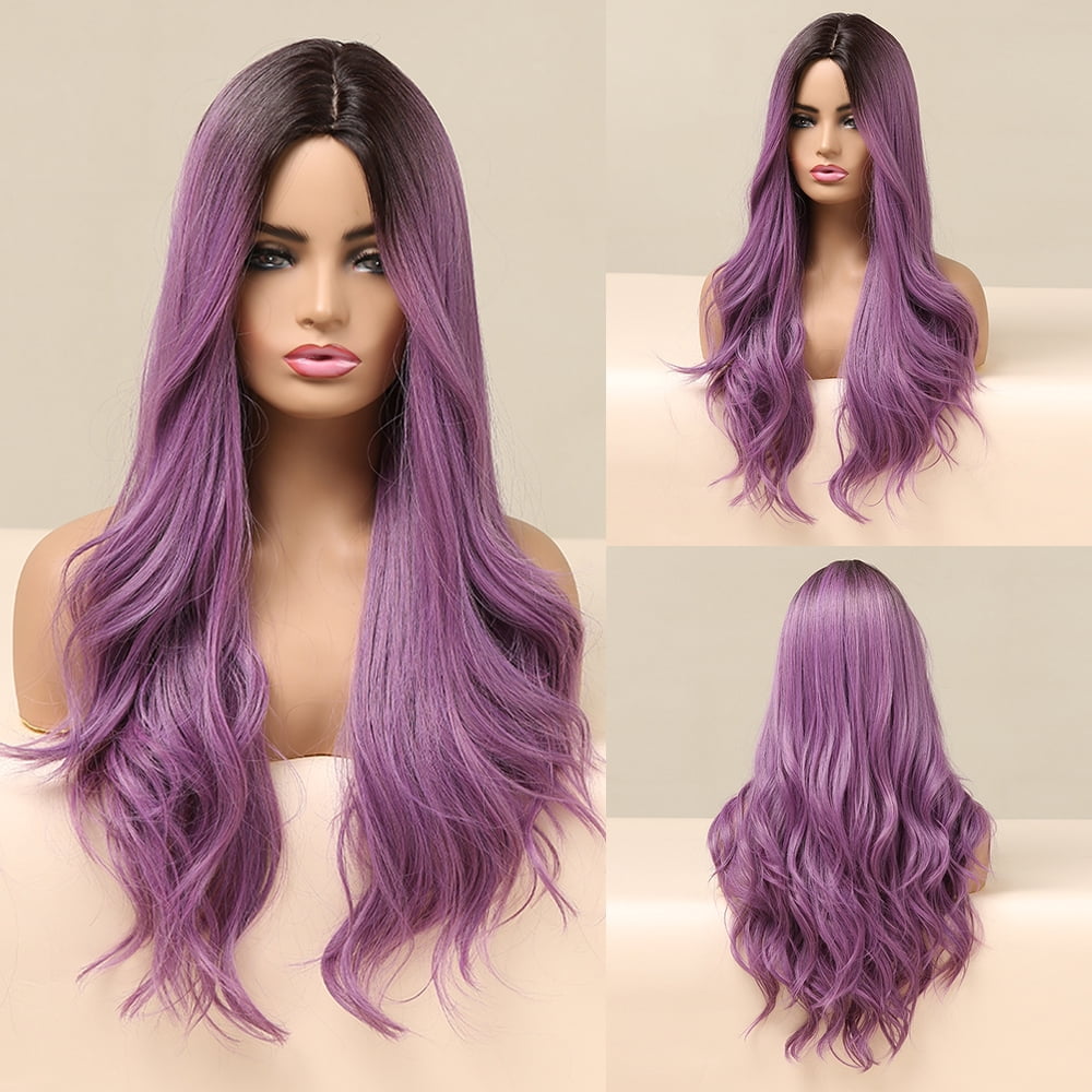 BERON Ombre Purple Long Wavy Wig Middle Part Wig for Women Heat Resistant Natural Looking Hair Wig for Party Cosplay