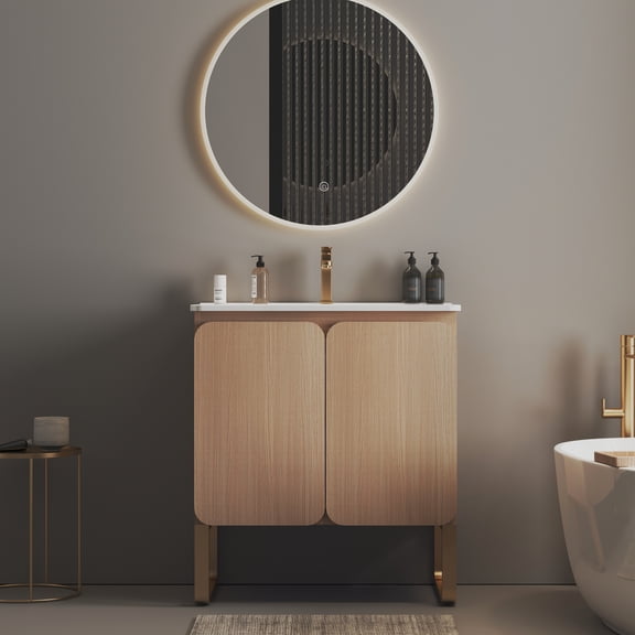 Wood Bathroom Cabinet With Ceramic Basin - Modern Look, Ample Storage, Quiet Hinges 30" Storage Vanity Sink Finish, Copious Space, Silent Closing