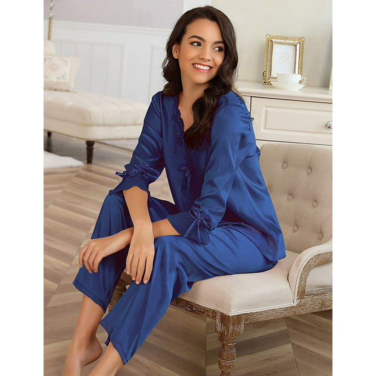 Womens Silk Satin Pajamas Set 2 Piece Sleepwear Loungewear 3/4 Sleeve  Pullover Lounge Sets Silky Pj Set
