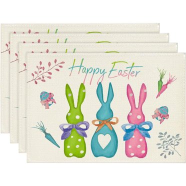 TopLLC Vintage Happy Easter Placemats Spring Easter Place Mats Vintage Dining Table Decorations Bunny Chick Easter Holiday Table Mats For Kitchen Dining Decoration