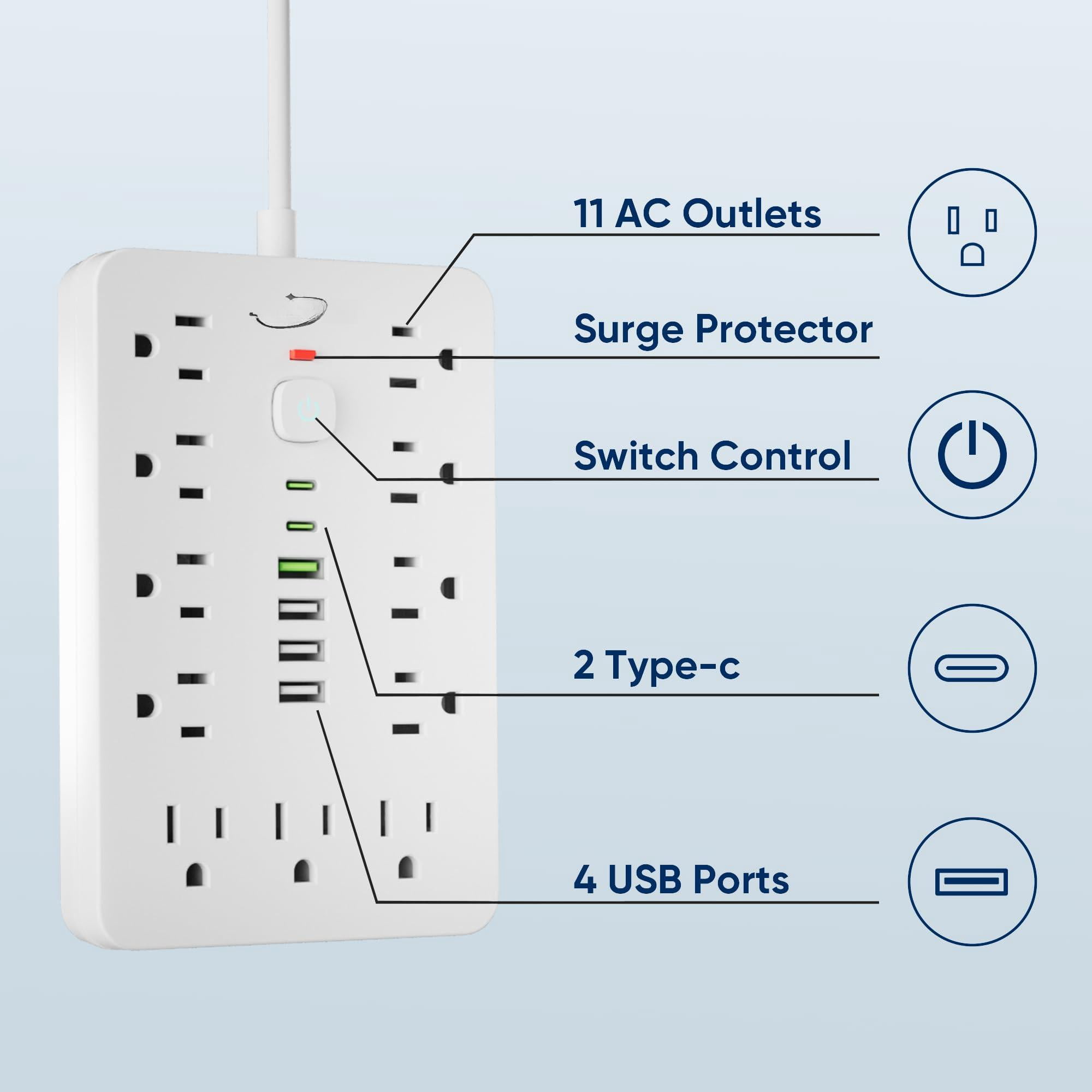20 Ft Flat Plug Surge Protector Power Strip 11 Multiple Ac Outlets With 6 Usb Ports (2 C)  20 Feet Extension Cord 1250w/10a One Touch Button White