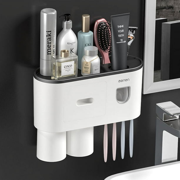 Organizador de baño Pasta de dientes Dispensador automático Soporte de cepillo de dientes Montado en la pared, Soporte de cepillo de dientes multifuncional Estante de almacenamiento/gris
