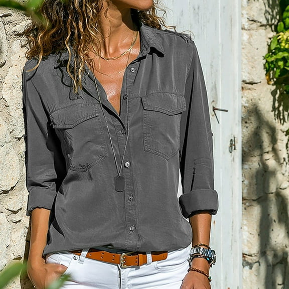 Babysbule Womens Ladies Clearance Chiffon Tops Long Sleeve V-Neck Lapel Solid Color Blouses Summer Casual Shirts Deals