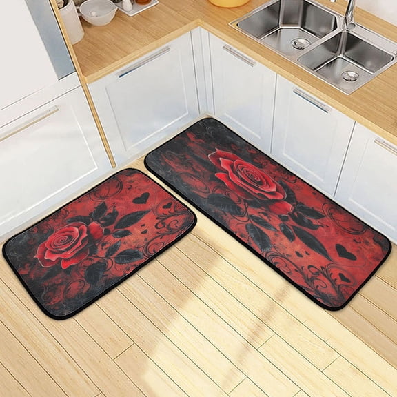 Kitchen Rugs and Mats【2 PCS】Non Skid Deep Red Rose Creative Kitchen Mat