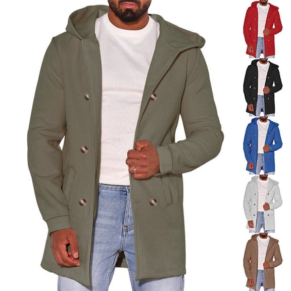 Miluxas Men's Hooded Peacoat Mid Length Trench Coat Oversized Hoodie Jacket Double Breasted Suit Casual Windbreaker Outwear Red