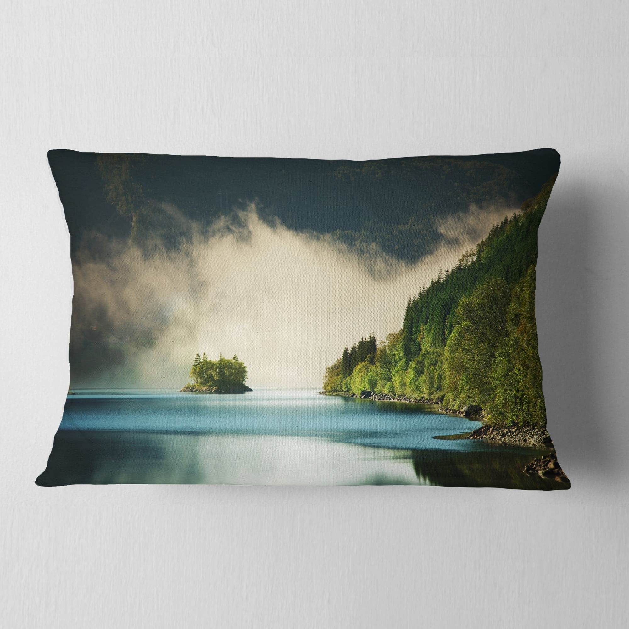 Designart Beautiful Lake By Green Mountains - Landscape Printed Throw Pillow - 12x20