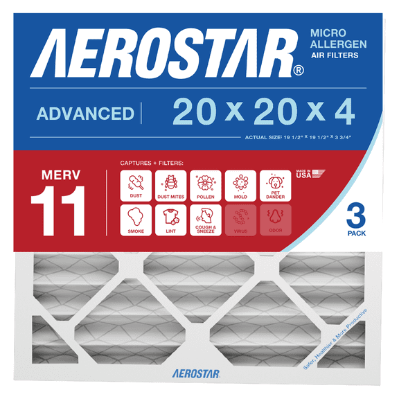 Aerostar 20x20x4 MERV 11 Air Filter, Pleated AC Furnace HVAC, Pet Dander Mold Smoke, 3 Pack