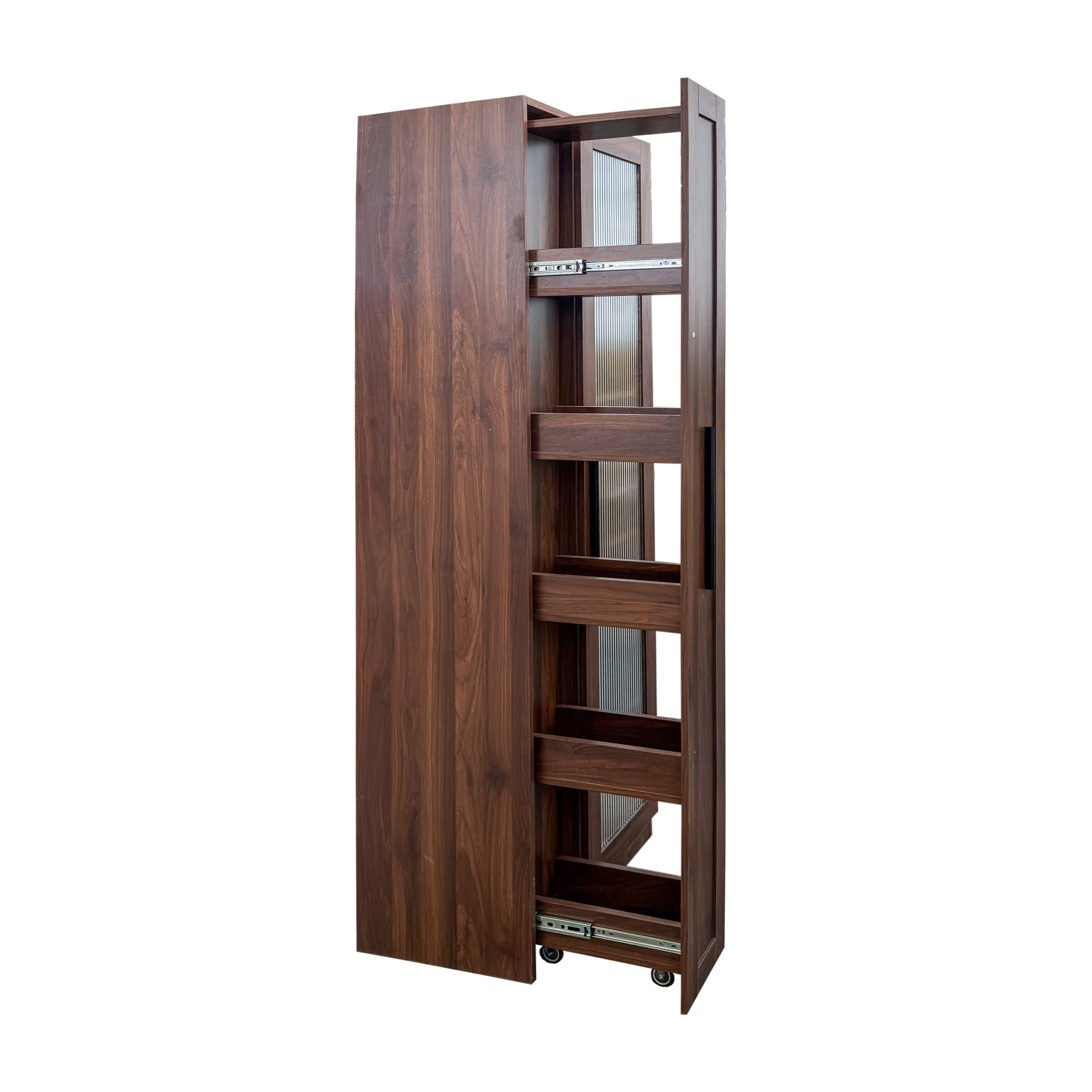 Mintazer 67.2" Tall Pull-Out Storage Pantry Cabinet with Glass Doors & Shelves, Farmhouse Storage Cabinet for Kitchen Bar Dining Room, Brown