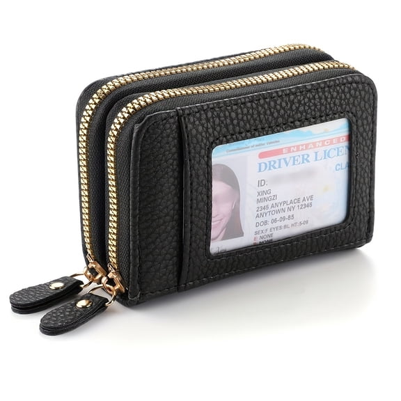 SDOTXA Large Capacity Credit Card Holder and Coin Purse PU Leather Double Zipper Wallet with Clear ID Window for Daily Commute - Minimalist Style