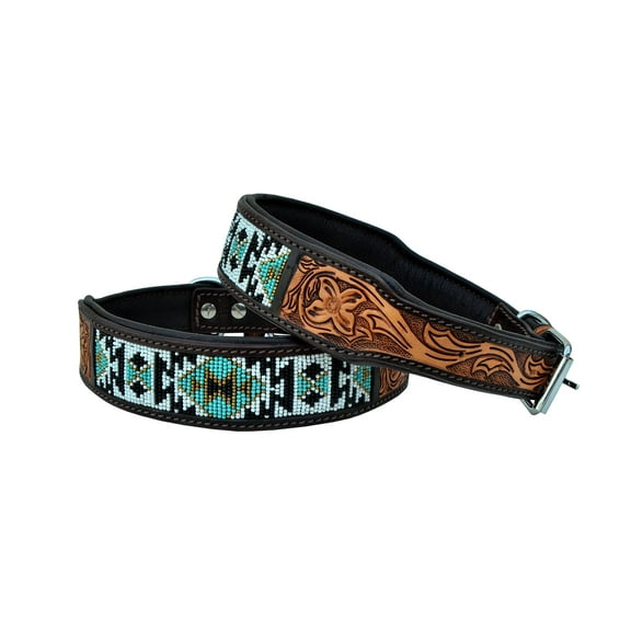 Leather Dog Collar Western Style Heavy Duty Hand Tooled Adjustable Beaded and Padded Soft for Puppies and Big Dogs 10AB006