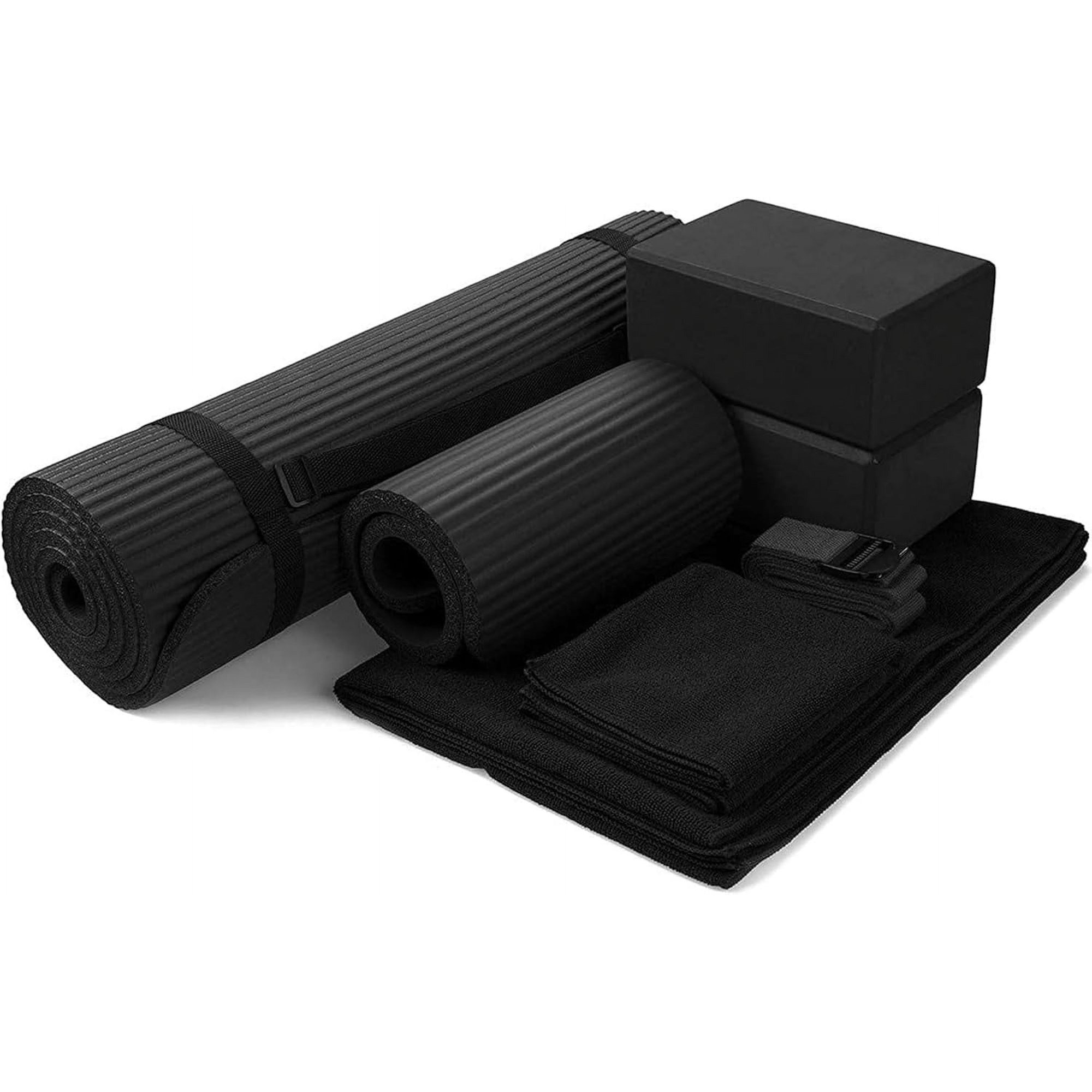 NurtureTail Yoga Mat Set with 71x24x0.5 Inch Extra Thick Mat, 7-Piece Workout Kit with Blocks, Stretch Strap, Towels & Knee Pad for Home, Studio & Gym Fitness-Black