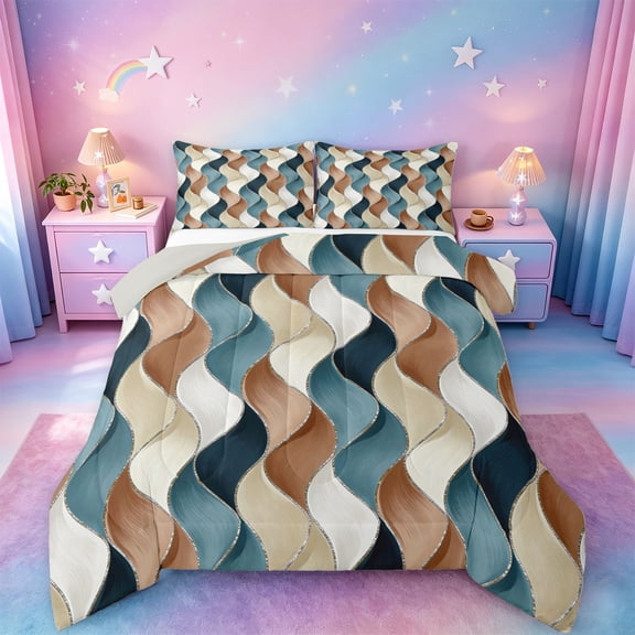 jejeloiu Blue Brown Wave Stripes Full Size Comforter Sets Kids,Modern Geometric Print Bedding Sets,Reversible,3 Pieces
