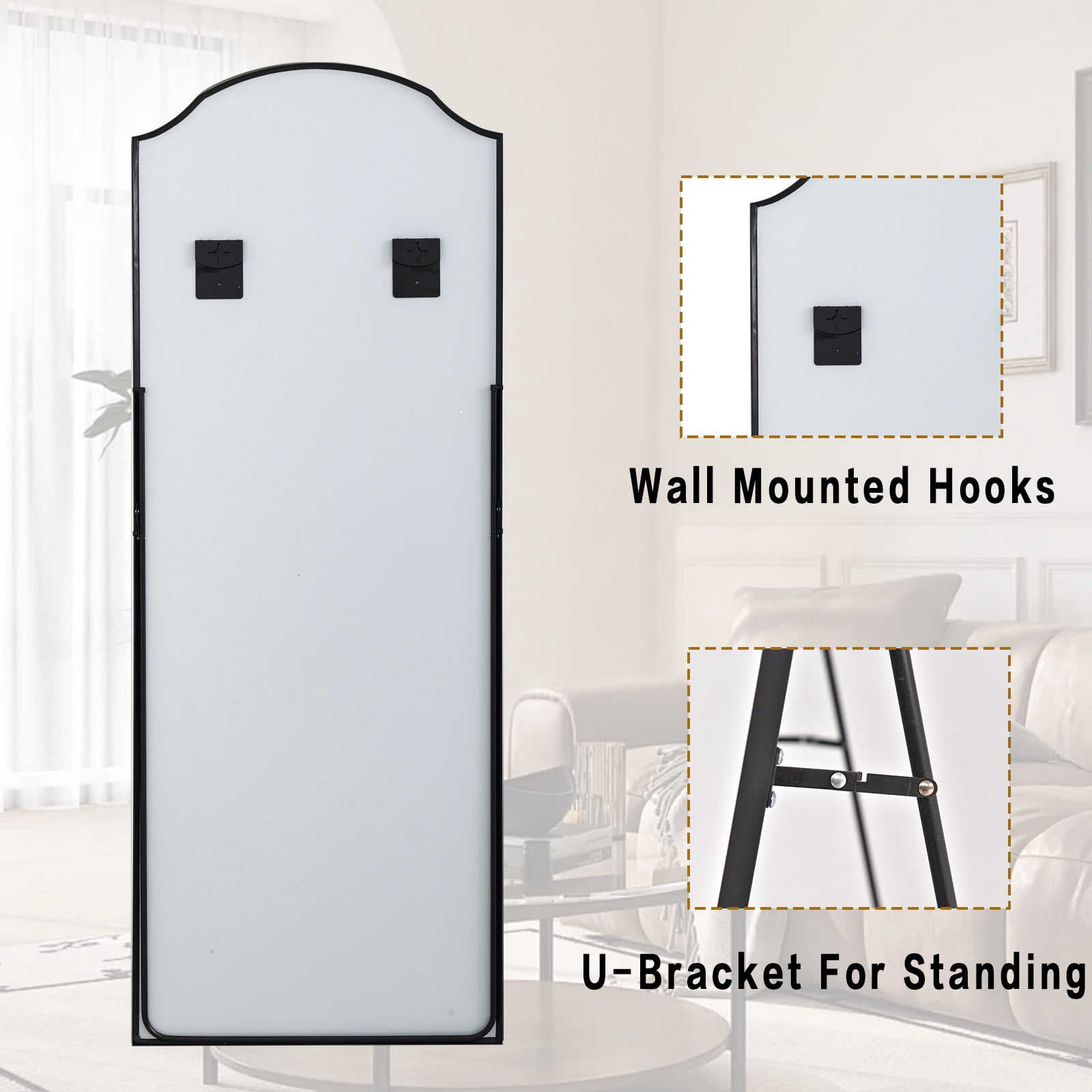 Gleamira 24"x65" Arched Full Length Floor Mirror Unique Top Wall-Mounted Leaning Mirror with Metal Frame, Black