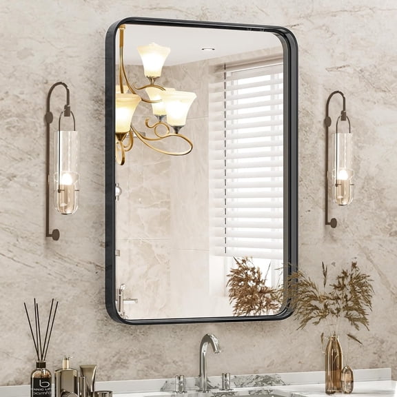 Nextay 30" x 22" Black Rounded Rectangle Vanity Bathroom Decor Mirror