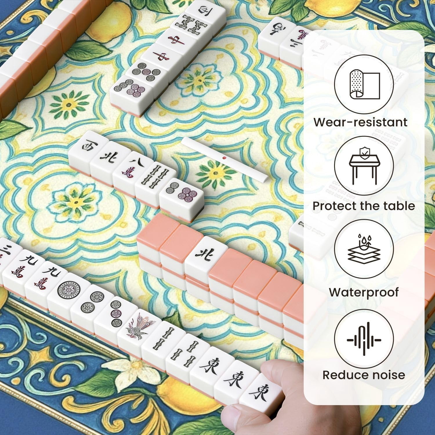 Mahjong Mat for Table Lemon Floral Tile Blue Yellow Details 31.5" x 31.5" Non-Slip Noise-Reducing Game Mat Premium Mahjong Accessories for Poker Dominoes Board Games