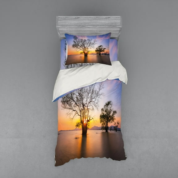 Ambesonne Fall Bedding Set 3 Pcs, Autumn Trees View Habitat, Twin, Blue Yellow