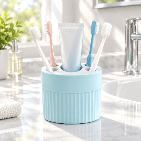 5-Slot Toothbrush Holder for Bathroom, Detachable Toothpaste & Makeup Brush Organizer with Drainage Holes, Blue