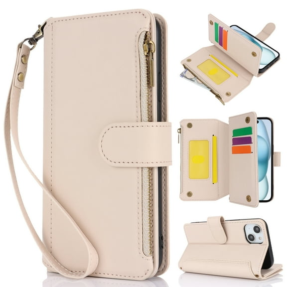 for iPhone 14 Plus Crossbody Wallet Case, RFID Blocking Case Wallet with Card Slots for Women, Fashion PU Leather Magnetic Clasp Zipper Wrist Strap Phone Cover for iPhone 14 Plus, White