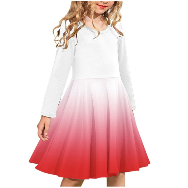 Odeerbi Niñas Manga Larga Ballet Skater Vestido Gradient Stretchy Twirly A Line Vestido Escuela Recital Cuello Redondo Vestido