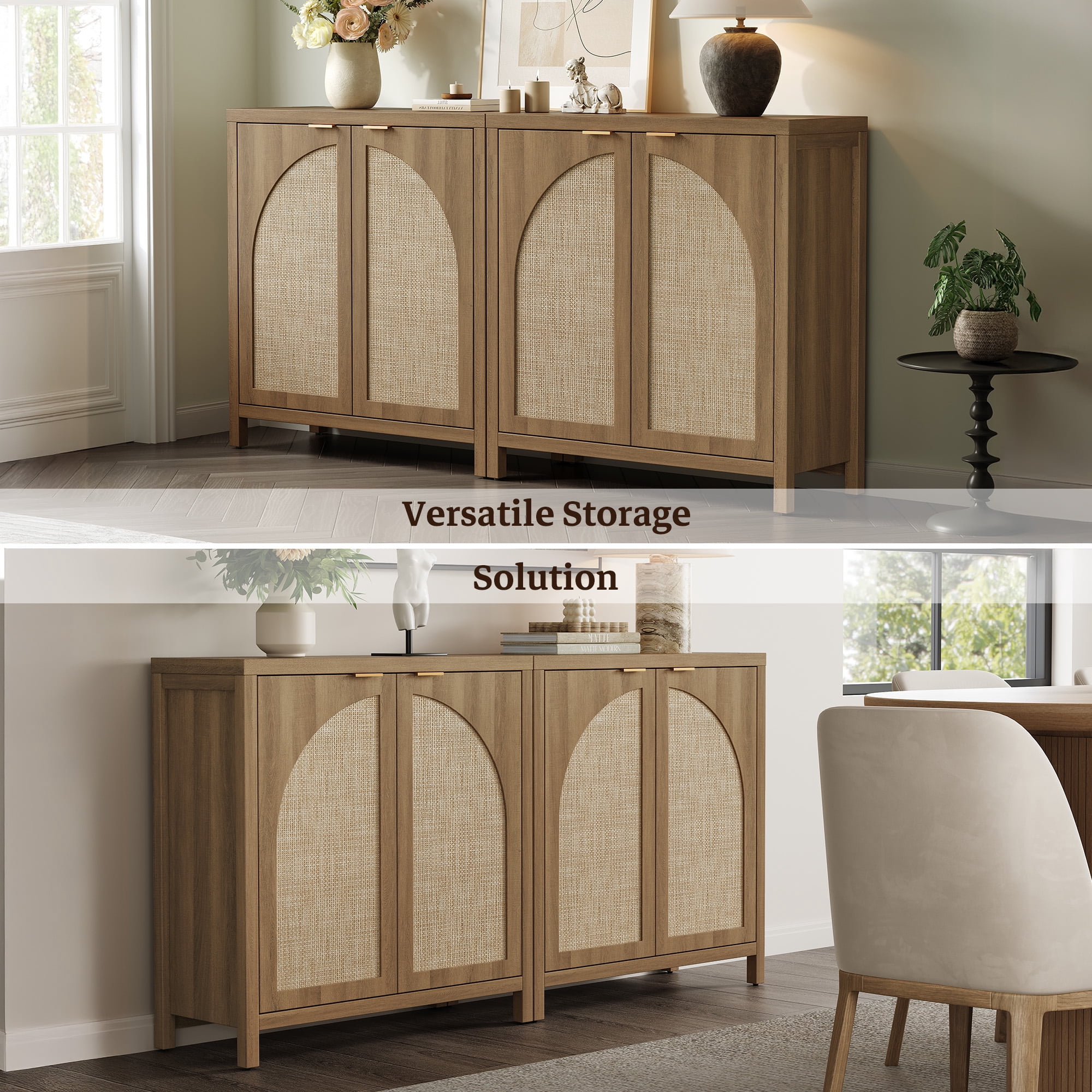 SICOTAS 34.2 Inch Wide Kitchen Pantry Cabinet Set of 3 with 2 Arch Rattan Doors, Adjustable Shelves, for Kitchen Storage, Freestanding Organizer Sideboard in Natural Oak