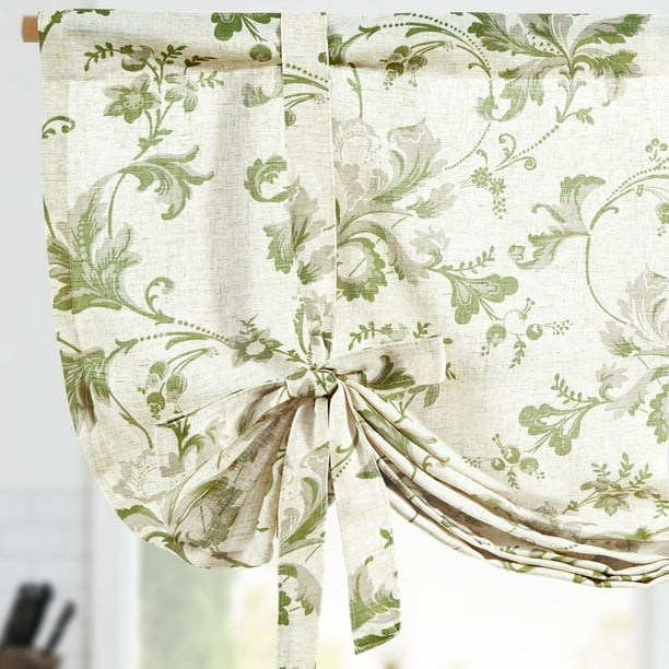 Cortina Jinchan con Lazo y Volante 114 cm Lino Floral Verde