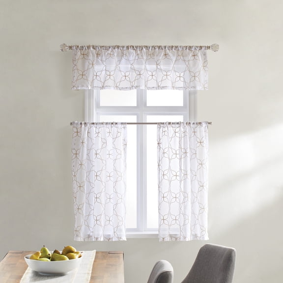 Better Homes & Gardens Quatrefoil Embroidered Detail, Beige, 3 Piece Tier and Valance Set, Sheer, 36”W x 60”L, Indoor, Adult