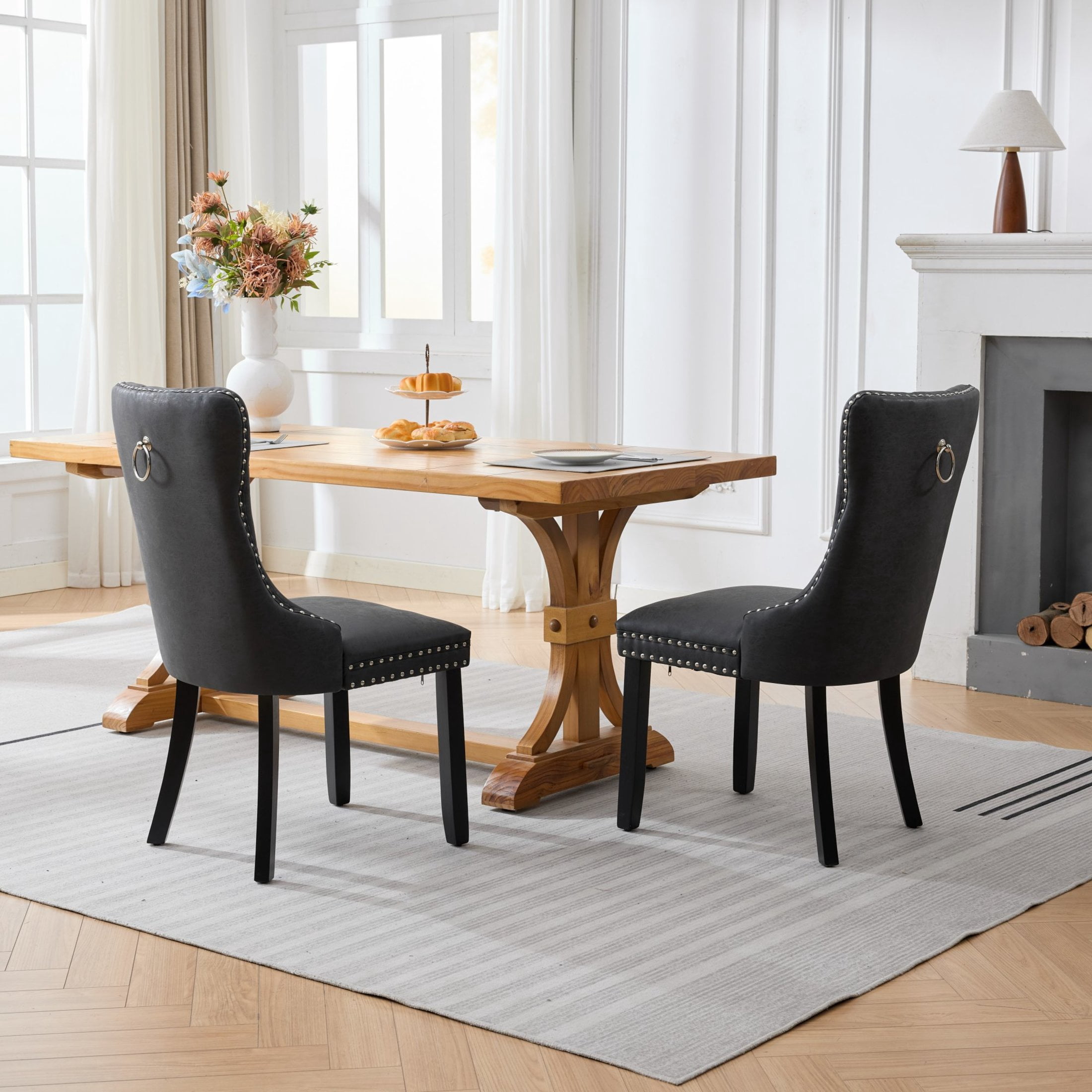 GDF Studio 24.4" Vintage Dining Chairs Set of 2 with PU Upholstery, Button-Tufted High Back, Charcoal Black