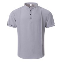 purcolt Men's Solid Casual Rolled Short Sleeve Band Collar Golf Shirt Summer Beach Hippie Shirt