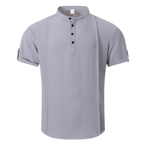 Camisa de Manga Corta Plisada con Botón de Cuello en V, Mezcla de Algodón de Poliéster Top de Vacaciones de Playa, Suelto para Hombres