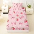 thumbnail image 4 of spefrowx Watercolor Strawberry Bow Print Twin Sheets for Teens, Blush Pink Fruit Bedding, 3-Piece, 1 Flat Sheet, 1 Fitted Sheet and 1 Pillowcase, 4 of 6