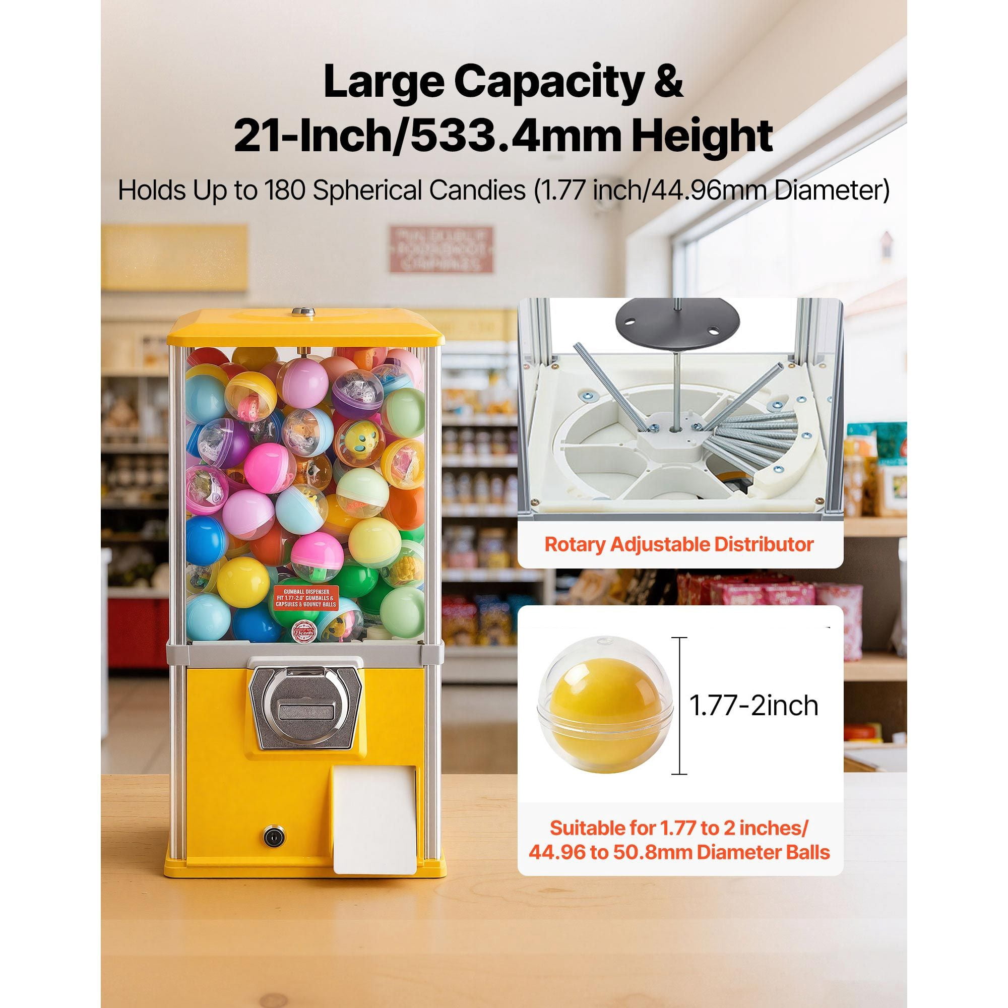 Gumball Machine, 21 inch Height Candy Vending Machine Dispenser, 25-Cent Vending Machines for Shopping Malls, Supermarkets, Amusement Parks, Arcades, Holds Up to 180 1.77 inch Spherical Candies