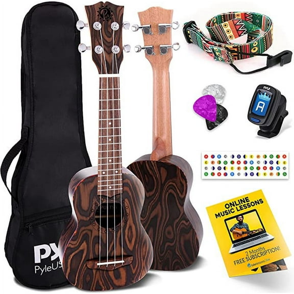 Pyle Mahogany 4-String Learn to Play Kit-Solid Wood Soprano Ukulele Instrument W/ Flamed Brown Body