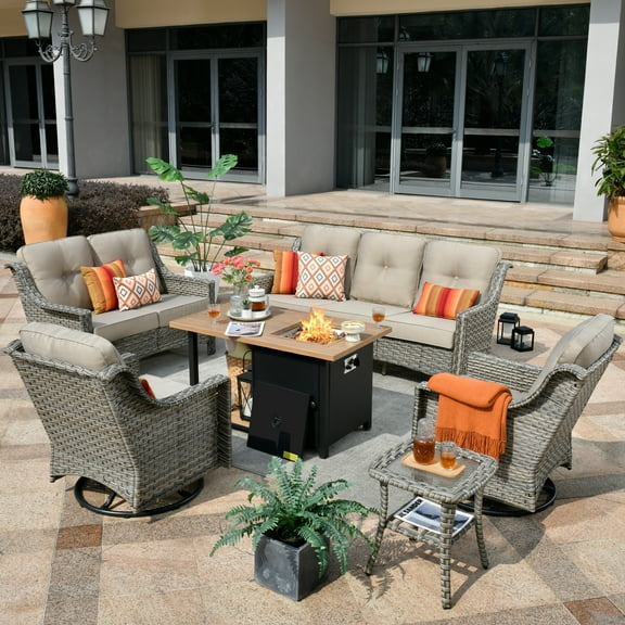 XIZZI PE Rattan Wicker Patio Conversation Set High Back Sofa Set with Swivel Rocking Chair and 46" Fire Pit Table,Beige