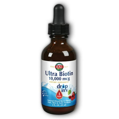 KAL Ultra Biotin DropIns 10,000 mcg Supplement | Healthy Hair Growth Formula | Skin Health & Strong Nails Support | Natural Mixed Berry Flavor | 2oz