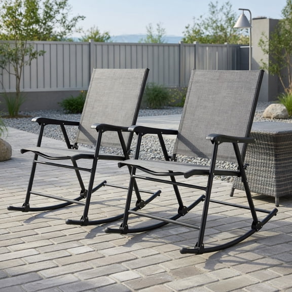 Yardi Yard Folding Rocking Chair with Breathable Seat Fabric Set of 2, Patio Furniture Chair, Balcony Porch Adult Rocking Chair-Gray
