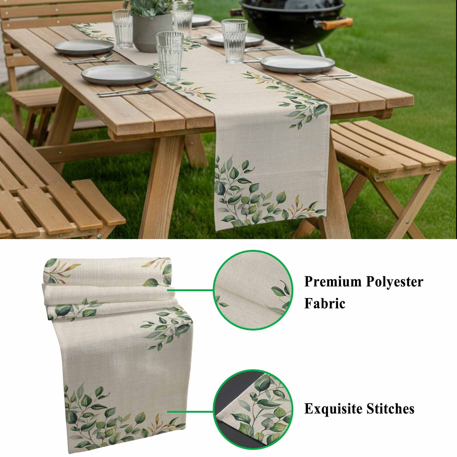 Spring Leaf Cotton Linen Table Runner Summer Floral Countryside Linen Dining Table Runners for Home Decor Party Dining Room Restaurant Kitchen 13" x 90"