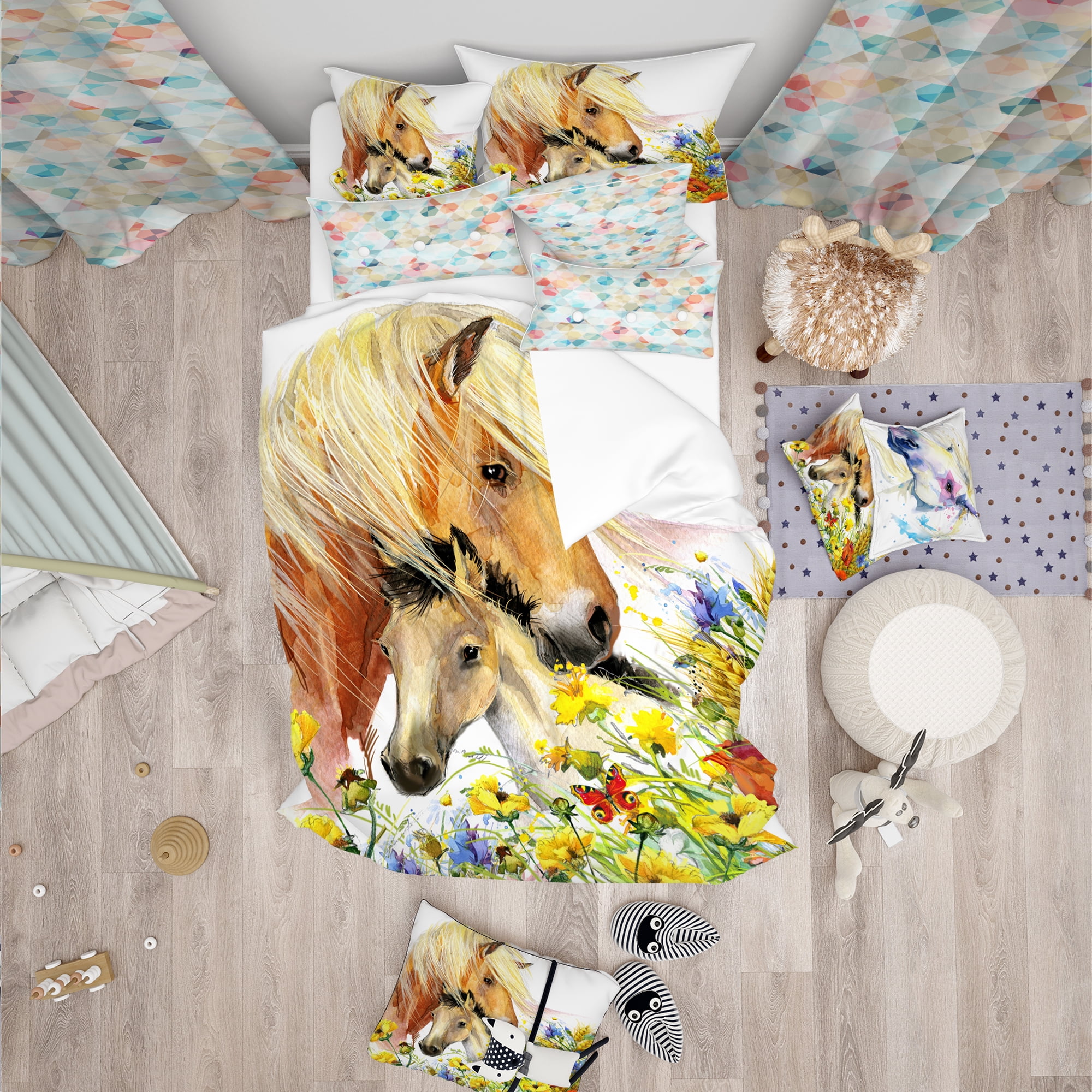 Designart 'Horse and Foal with Meadow' Modern kids Duvet Cover Set