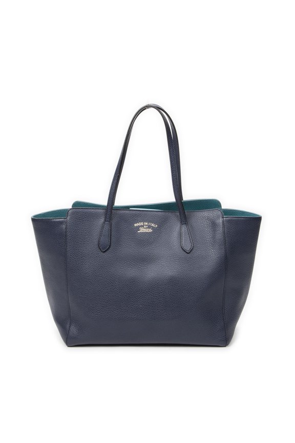 Pre-Owned Gucci Navy/Teal Medium Swing Tote Shoulder Bag Grained Calfskin Leather