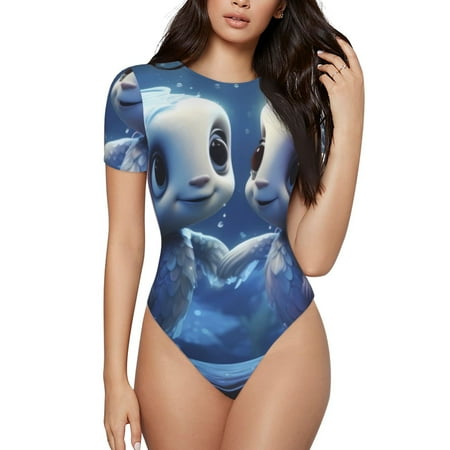 Gaeub Cute Fish Flower Couple Print Women s Short Sleeve One Piece Swimsuit Sexy High-Waisted Bodysuit Bathing Suit for Swimming  Beach  Sports-Medium